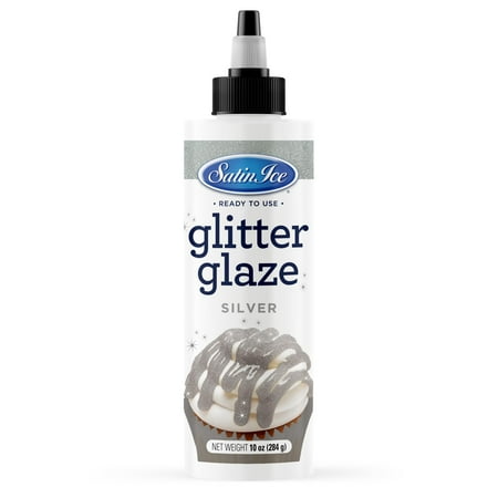Satin Ice Silver Glitter Glaze (10oz Bottle) For Decorating Cakes, Cupcakes, Brownies, and Doughnuts