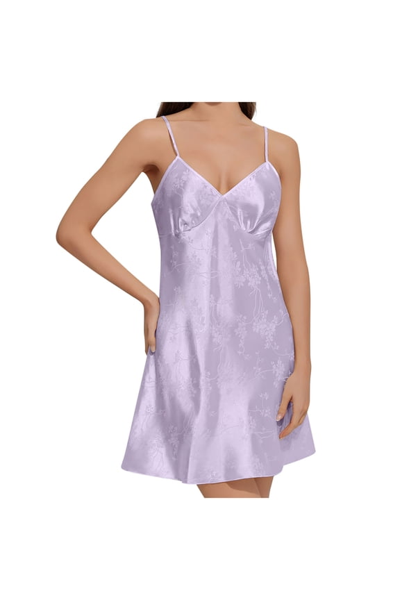 Satin Jacquard V-Neck Slip Nightgown – Adjustable Sexy Chemise Sleepwear