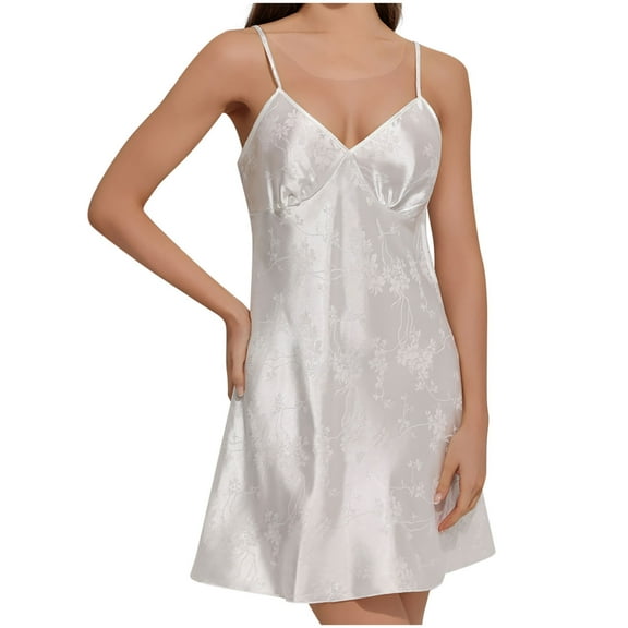 Satin Jacquard V-Neck Slip Nightgown – Adjustable Sexy Chemise Sleepwear