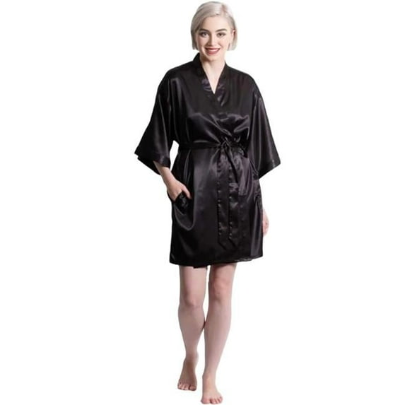 Satin Kimono Black Short Robe for Women - Small & Medium