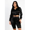thumbnail image 1 of Satin Lace Details Long Sleeve Hooded Crop Top & Biker Short Set, 1 of 5