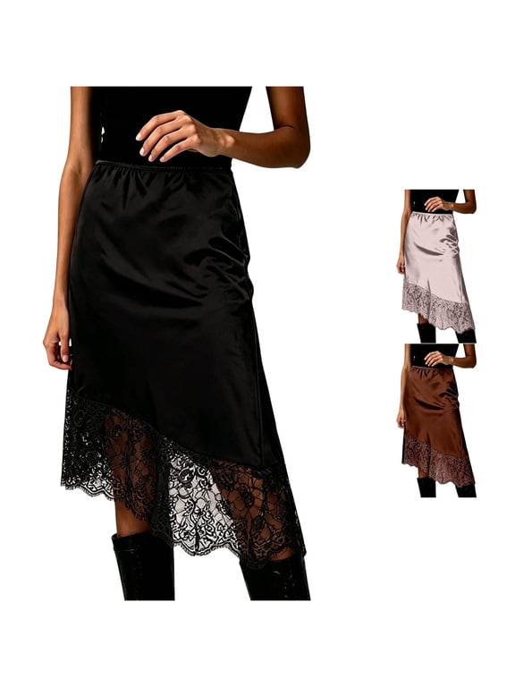 Satin Lace Insert Midi Skirt with Floral Embroidered for Summer Casual Womens Bathing Suits with Skirts Skirt Table Fringe Long Jean Skirts for Women plus Size Skirts Pencil Skirts for Women