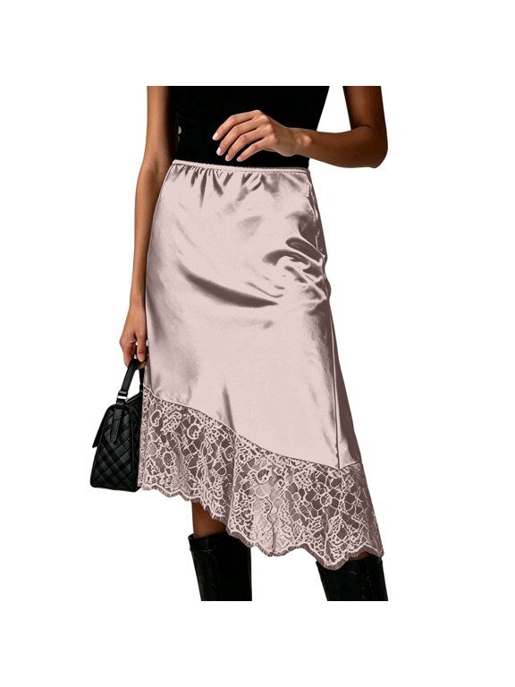 Satin Lace Insert Midi Skirt with Floral Embroidery for Summer Casual Comfort and Versatile Everyday Wear, White, S