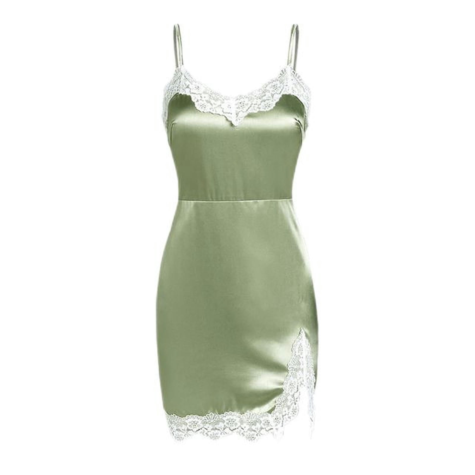 Satin Lace Insert Slit Mini Bodycon Dress-Green-M - Walmart.com