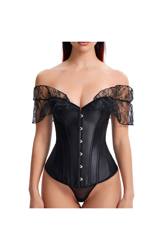 Satin Lace Sleeve Bridal Shapewear Corset Bodysuit, Underbust Boning Waist Trainer for Wedding Dress Foundation, Bridesmaid Vintage Bustier with Lace Trim