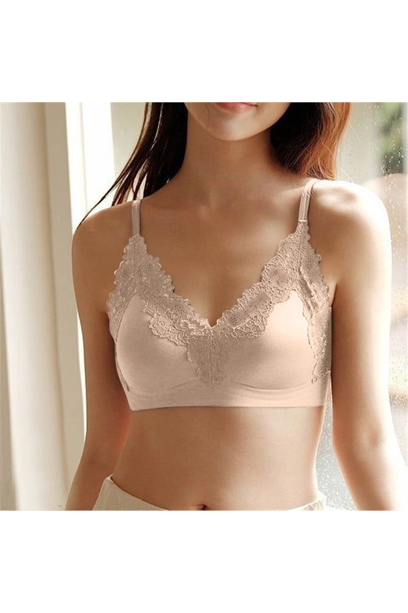 Satin Lace Wireless Bralette, Solid Color Seamless Breathable Bra, Comfort Side Support Anti Sagging Brassiere, Skin-Friendly Ladies Lingerie for Daily Lounge Casual Wear Coffee L