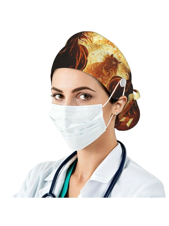 Satin Lined Adjustable Work Cap, Breathable Hat with Side Buttons , Horses Fire Flame Burning Print