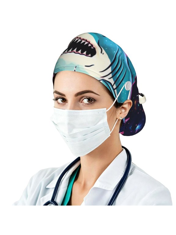 Satin Lined Adjustable Work Cap, Breathable Hat with Side Buttons , Laser Shark Space Funny Dinosaur Starry Print