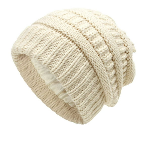 Satin Lined Beanie, Cotton Beanies Hats for Men Women, Slouchy Knit Cuffed Winter Warm Soft Skull Cap Hat(Beige)