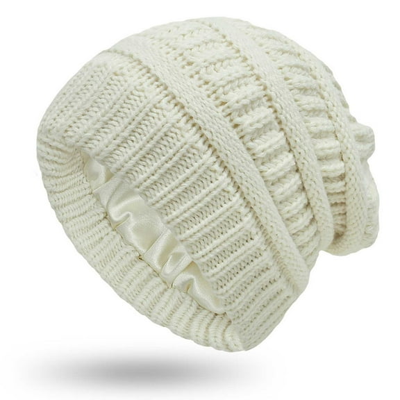 Satin Lined Beanie, Cotton Beanies Hats for Men Women, Slouchy Knit Cuffed Winter Warm Soft Skull Cap Hat(White)