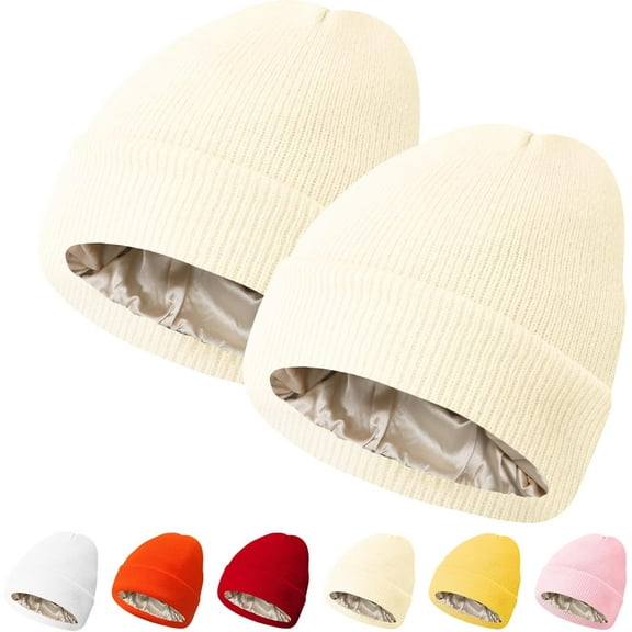 Satin Lined Beanie for Women, 2-Pack Silk Lined Winter Hats with Slouchy Design, Soft Warm Beanies for Cold Weather