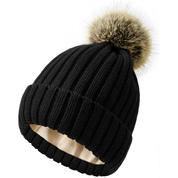 Satin Lined Beanie for Women Knit Winter Hats Silk Lined Womens Beanie with Detachable Pom Pom