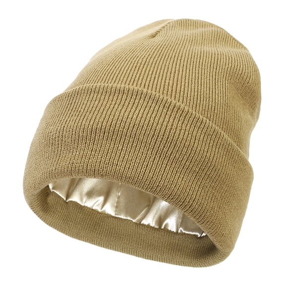 Satin Lined Beanie for Women Men Silk Lined Winter Hats Cold Weather Warm Knit Skull Cap Cuffed Beanies Stocking Hat Khaki S