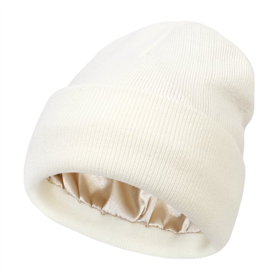Satin Lined Beanie for Women Men Silk Lined Winter Hats Cold Weather Warm Knit Skull Cap Cuffed Beanies Stocking Hat White S