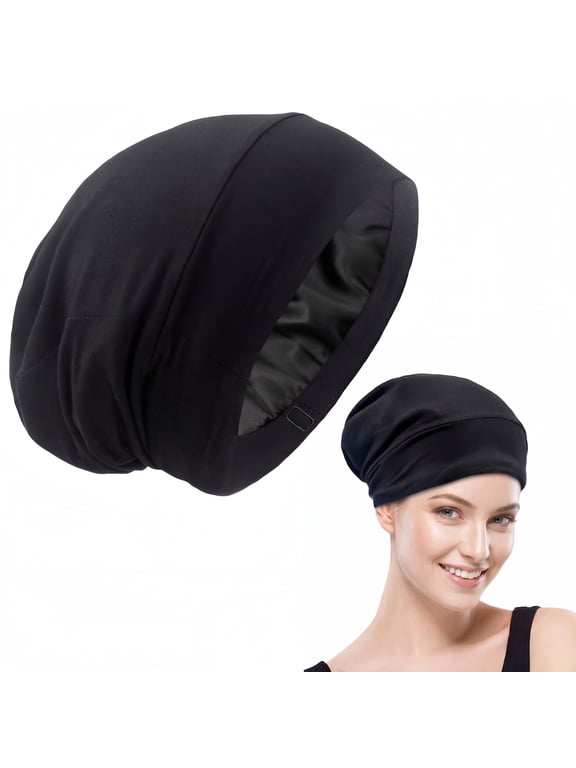 Satin Lined Bonnet Sleep Cap for Curly Hair Protection - Adjustable Slouchy Beanie Hair Wrap, Stays On All Night, Black