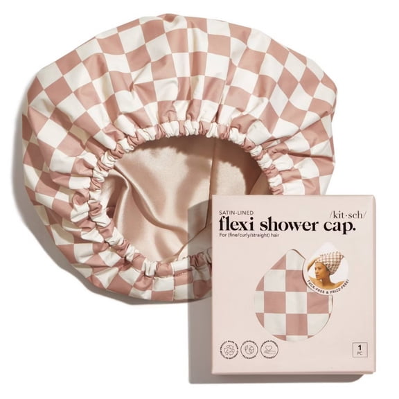 Satin Lined Flexi Shower Cap - Terracotta Checker