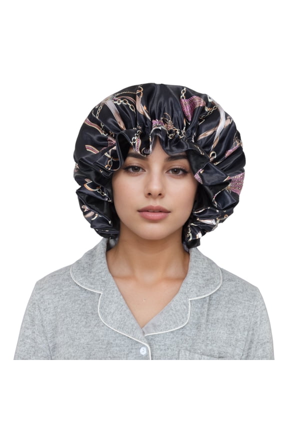 Satin Lined Print Bonnet Large Ruffled Edge Adjustable Sleep Cap for Natural Hair Protection - Black
