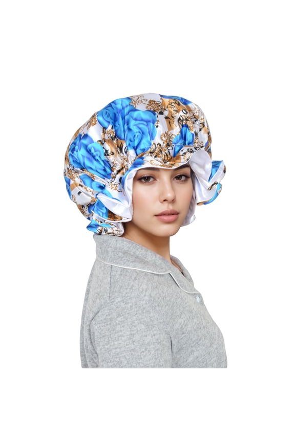 Satin Lined Print Bonnet Large Ruffled Edge Adjustable Sleep Cap for Natural Hair Protection - Blue