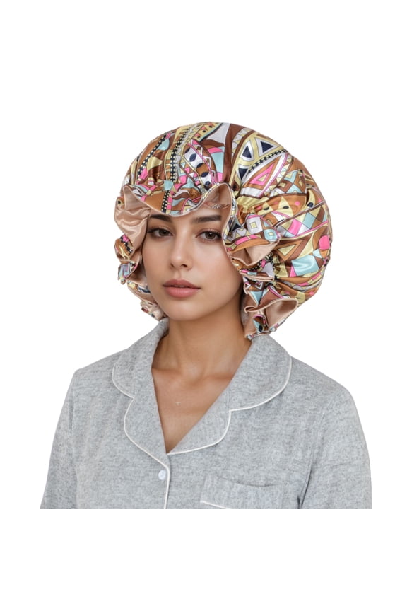 Satin Lined Print Bonnet Large Ruffled Edge Adjustable Sleep Cap for Natural Hair Protection - Yellow