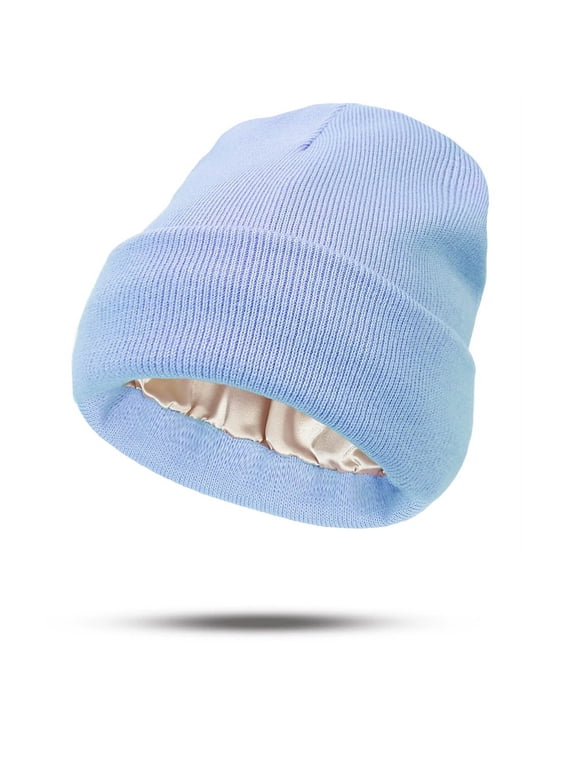 Satin Lined Winter Beanie Hats for Women Men,Silk Lined Womens Beanies Knit Soft Warm Cuffed Hat Winter Hats for Women Men Fleece Lined Warm for Cold Weather (Blue)