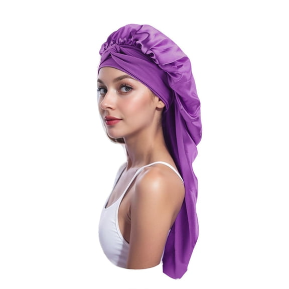 Satin Long Bonnet Sleep Cap with Stretch Turban Band for Hair Protection and Moisture Retention - Purple