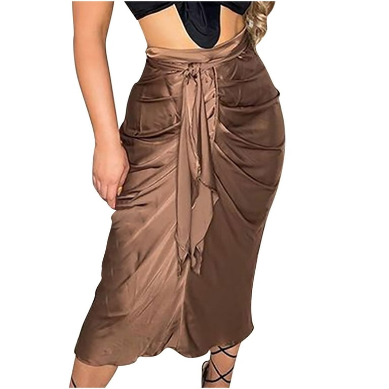 Satin Long Skirts for Women High Waisted Tie Wrap Midi Length Dressy Casual  Skirt Fitted Soft Lightweight Skirt