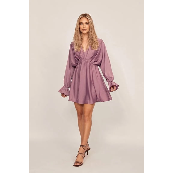 Satin Long Sleeve Puff V-Neck Plain Short Boho Dress