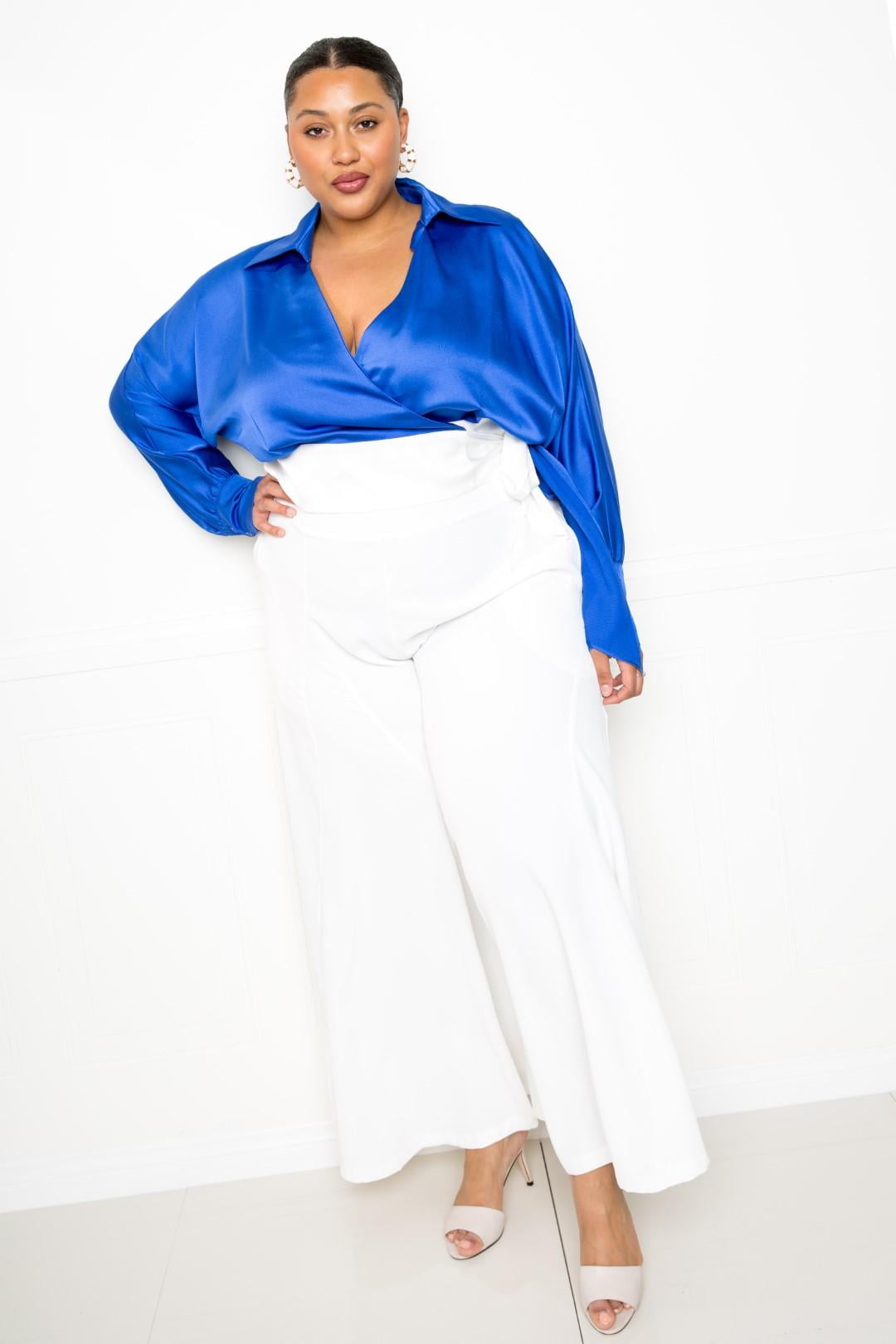 Satin Long Sleeve Tie Waist Wrap Top 1XL