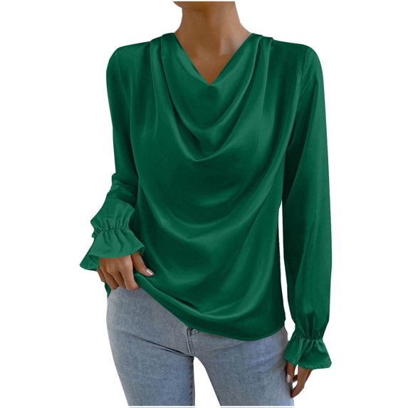 Satin Long Sleeve Tops for women Y2k Solid Color Tunic Tops Blouse Casual T shirts Green L