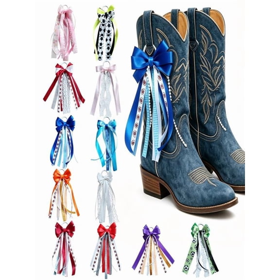 Satin Martin Boot Bows, Football Ribbon Boot Bows with Pearl Lace Long Tail Western Cowgirl Boot Accessory Country Concert Party Outfit Decor L