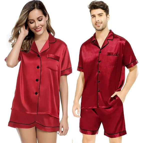 Satin Matching Pajamas Sets Couple Silk Button Down Nightwear Short Sleeve Sleepwear 2 Pieces Loungewear with Shorts
