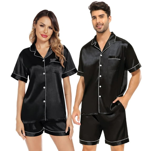 Satin Matching Pajamas Sets Couple Silk Button Down Nightwear Short Sleeve Sleepwear 2 Pieces Loungewear with Shorts