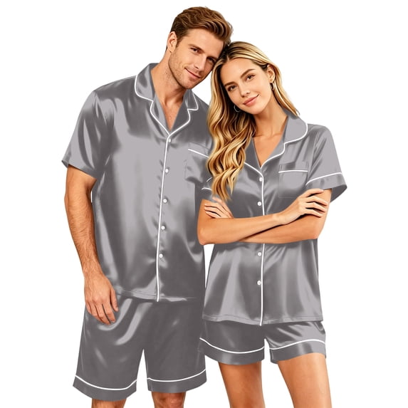 Satin Matching Pajamas for Couples, Button Down Sleepwear for Women Loose Short Sleeve Nightwear 2 Pieces Casual Wear