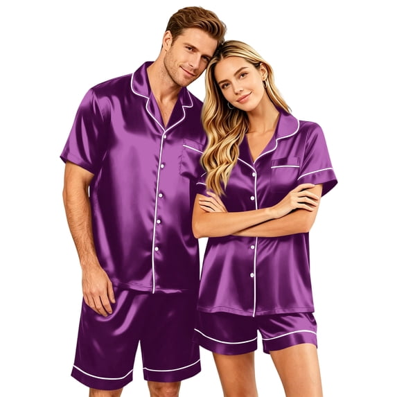 Satin Matching Pajamas for Couples, Button Down Sleepwear for Women Loose Short Sleeve Nightwear 2 Pieces Casual Wear