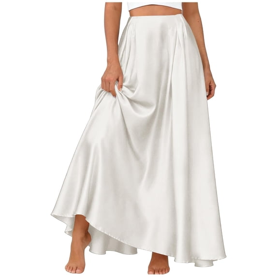 Satin Maxi Skirts For Women Elastic High Waist Flowy Solid Color Skirt Casual Business Prom Party Outfits (XXL, White)