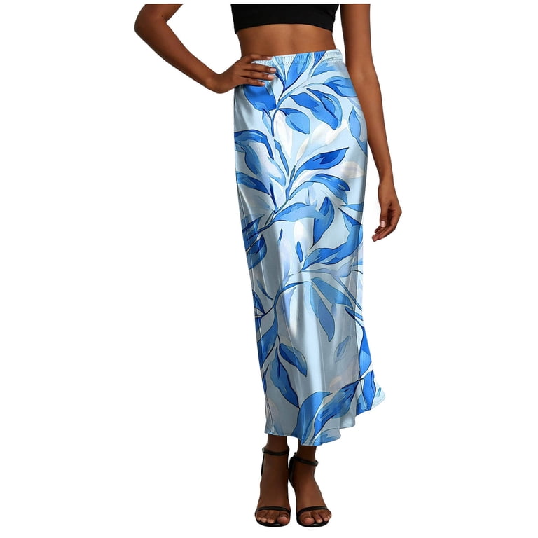 Satin Maxi Skirts for Women Elastic High Waist A Line Long Skirt Dresses Trendy Printed Summer Skirts Beach Party Dancing Skirt Dress Casual Dailywear Clothing