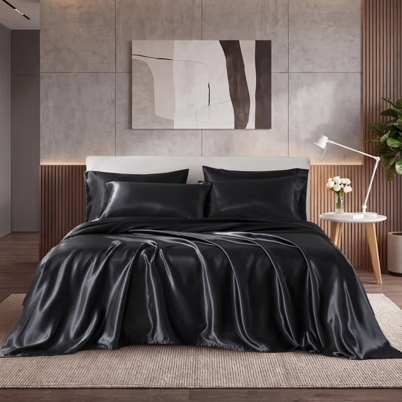 Regency Heights Black Satin Sheet Set Full Size, 6-Piece Silky Bed Sheets with 16" Deep Pocket Fitted Sheet