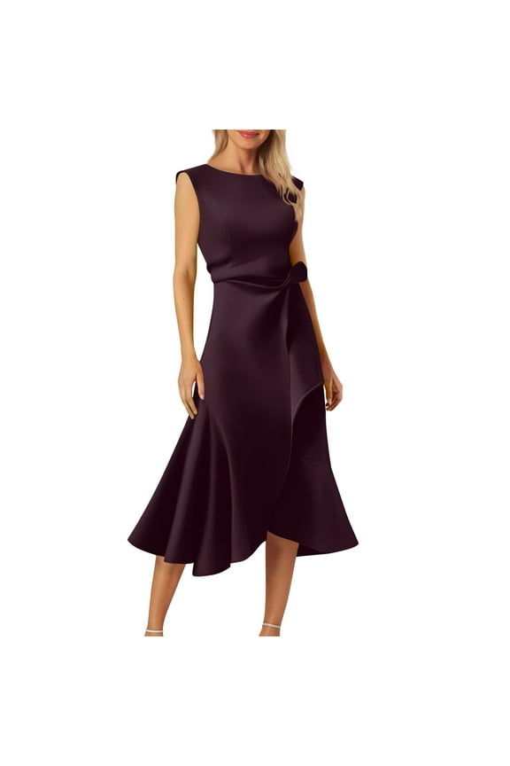 Satin Midi Dress for Women Sleeveless Asymmetrical Hem Cocktail Dress Elegant Formal Party Wedding Guest Outfit