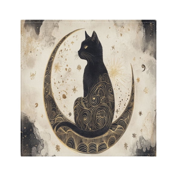 Satin Native Fab Cotton Dinner Napkin Black Cat on Crescent Moon Reusable