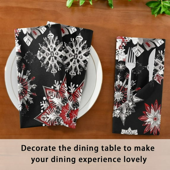Satin Native Fab Cotton Dinner Napkin Bold Red and Black Snowflakes Reusable