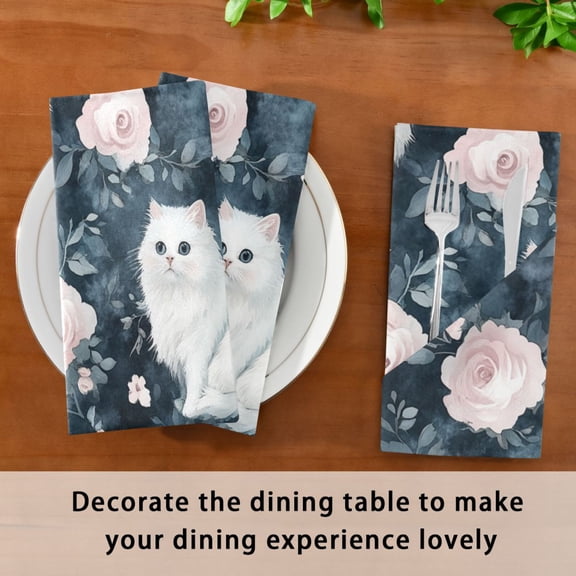 Satin Native Fab Cotton Dinner Napkin Enchanted White Cats and Roses Reusable
