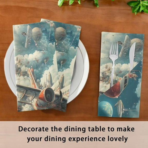Satin Native Fab Cotton Dinner Napkin Futuristic Cityscape with Airplane Reusable