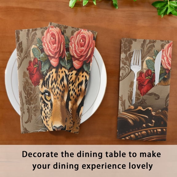 Satin Native Fab Cotton Dinner Napkin Leopard with Flowers and Pearls Reusable