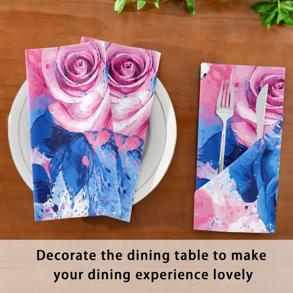 Satin Native Fab Cotton Dinner Napkin Pink and Blue Roses Rrt Reusable