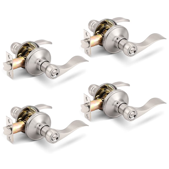 Satin Nickel 4 Pack Door Lever Lock Set Interior Bed Bath