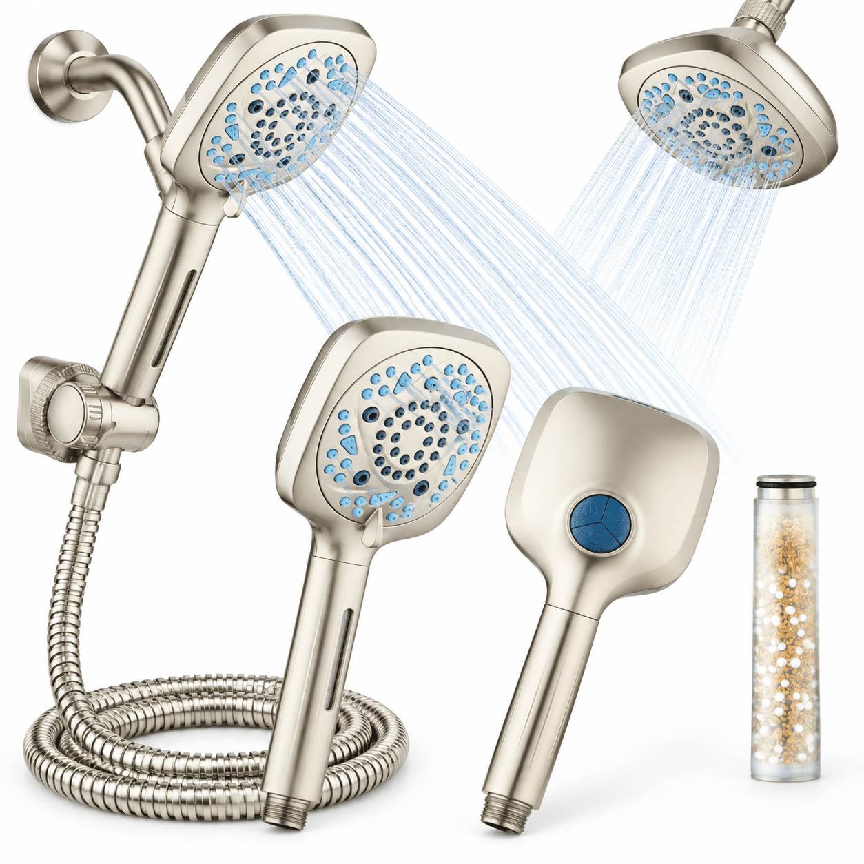 Simple Filter System Satin Nickel 82-mode 6-way Handheld Showerhead System with Filter and ...