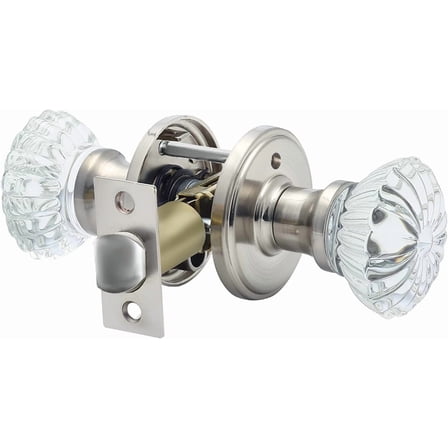 Satin Nickel Glass Privacy Door Knobs - With Lock | Interior Use | Crystal Design | For Bedroom/Bathroom | Ideal for Homeowners