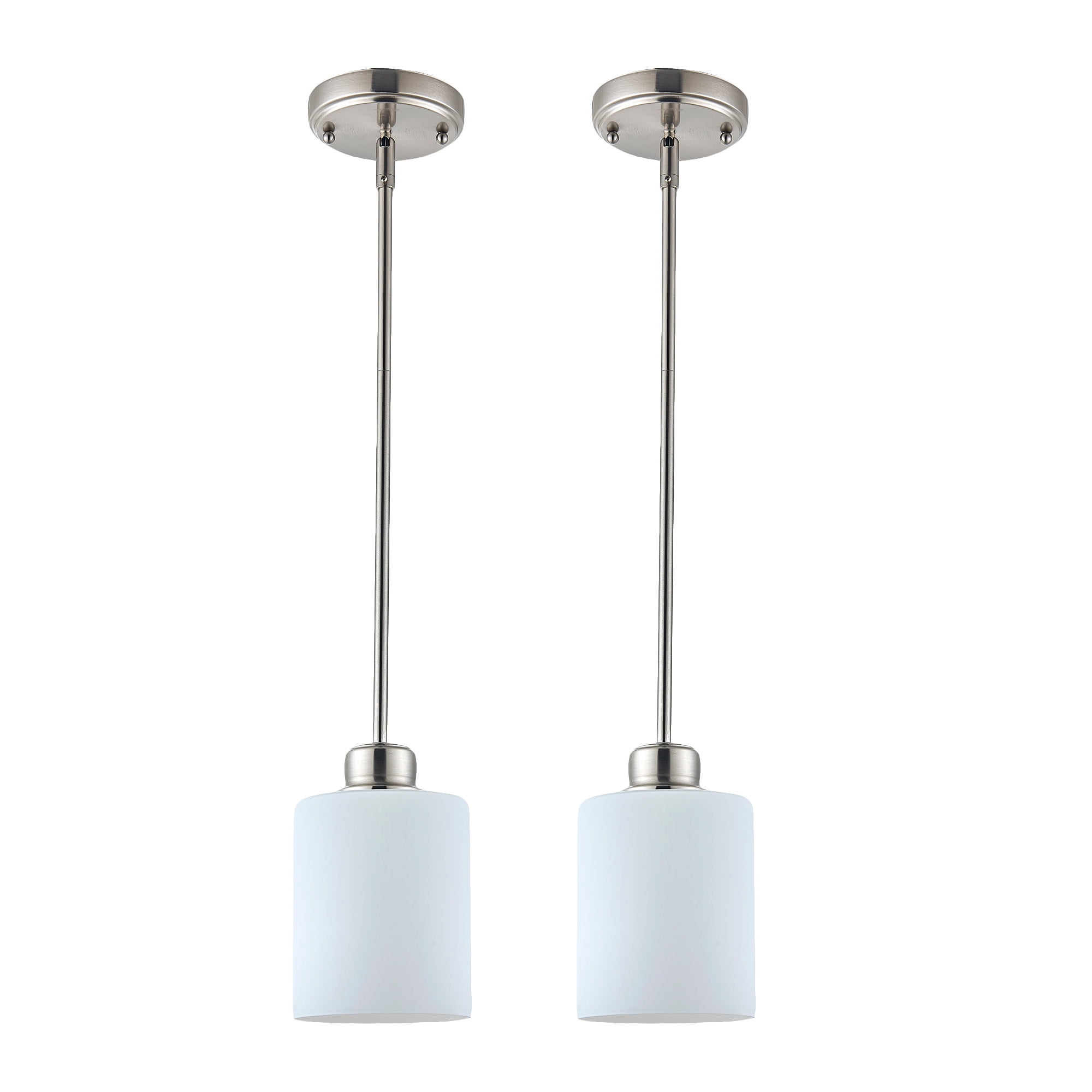 Satin Nickel Haddie 1-Light Mini Pendant, Dimmable with Frosted Glass Shade, Sloped Ceiling Compatible, 2-Pack