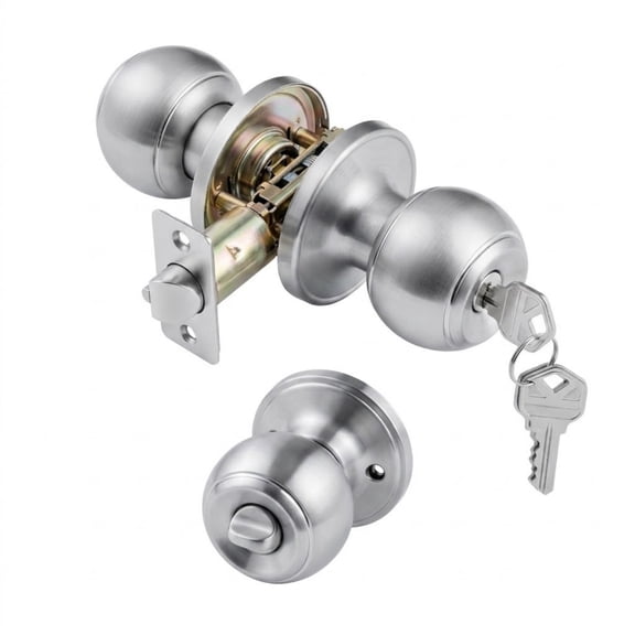Satin Nickel Keyed Entry Door Knob, Modern Round Ball Lockset with Thumb Turn Interior and Keys, All-Metal Hardware for Bedroom and Bathroom