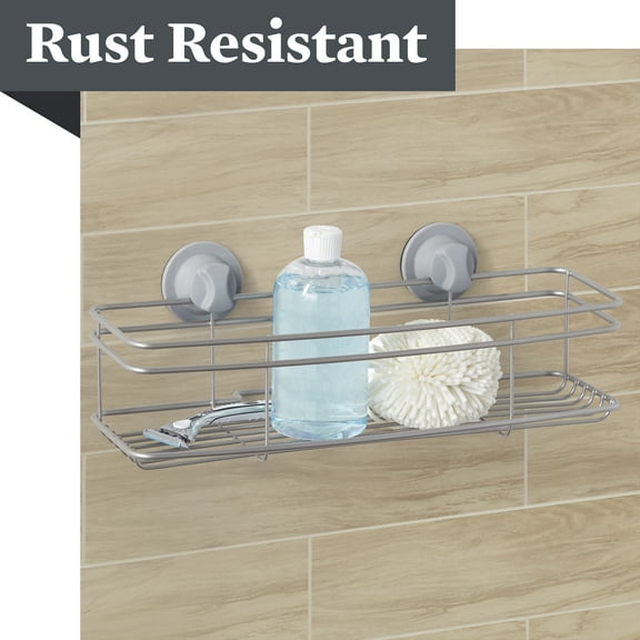 Satin Nickel Long Shower Basket, Better Homes & Gardens, Metal, 1 Shelf, Suction and Adhesive Mount